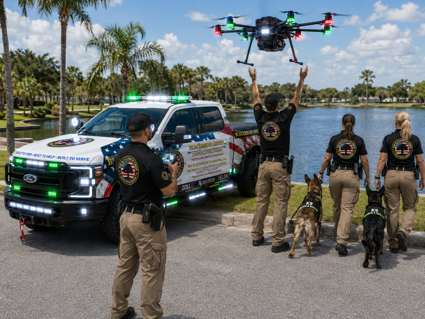 BLACKBRIAR command truck, drone and K-9 search-and-rescue team